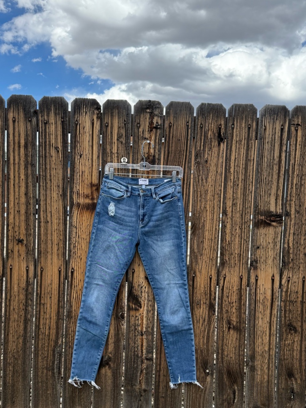 Frame Denim Medium Blue Skinny Jeans with Raw Hem